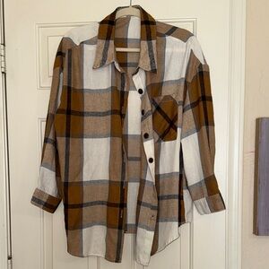 Brown and White Plaid Button-Up Shirt